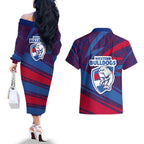 Western Bulldogs Australian Football Couples Matching Off The Shoulder Long Sleeve Dress and Hawaiian Shirt Tough Bulldog Mascot Art With Indigenous Pattern Art