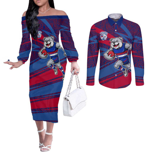 Western Bulldogs Australian Football Couples Matching Off The Shoulder Long Sleeve Dress and Long Sleeve Button Shirt Tough Bulldog Mascot Art With Indigenous Pattern Art