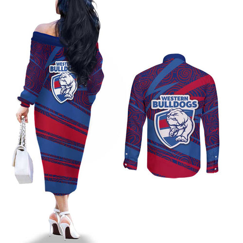 Western Bulldogs Australian Football Couples Matching Off The Shoulder Long Sleeve Dress and Long Sleeve Button Shirt Tough Bulldog Mascot Art With Indigenous Pattern Art