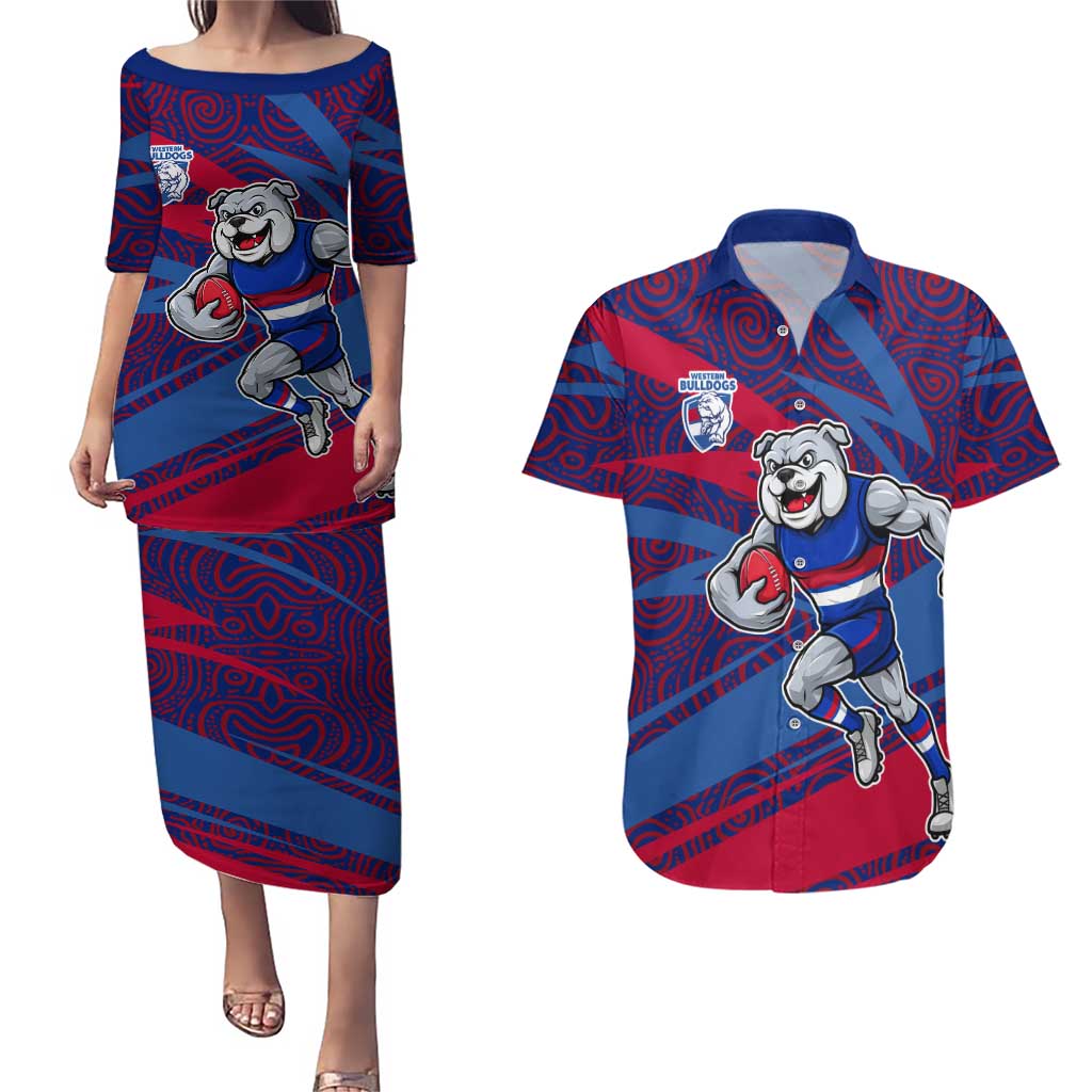 Western Bulldogs Australian Football Couples Matching Puletasi and Hawaiian Shirt Tough Bulldog Mascot Art With Indigenous Pattern Art