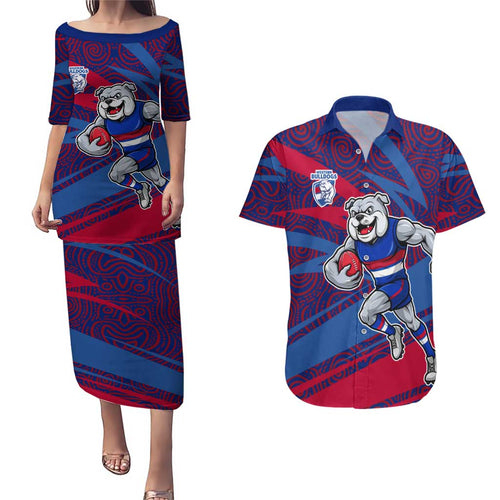 Western Bulldogs Australian Football Couples Matching Puletasi and Hawaiian Shirt Tough Bulldog Mascot Art With Indigenous Pattern Art