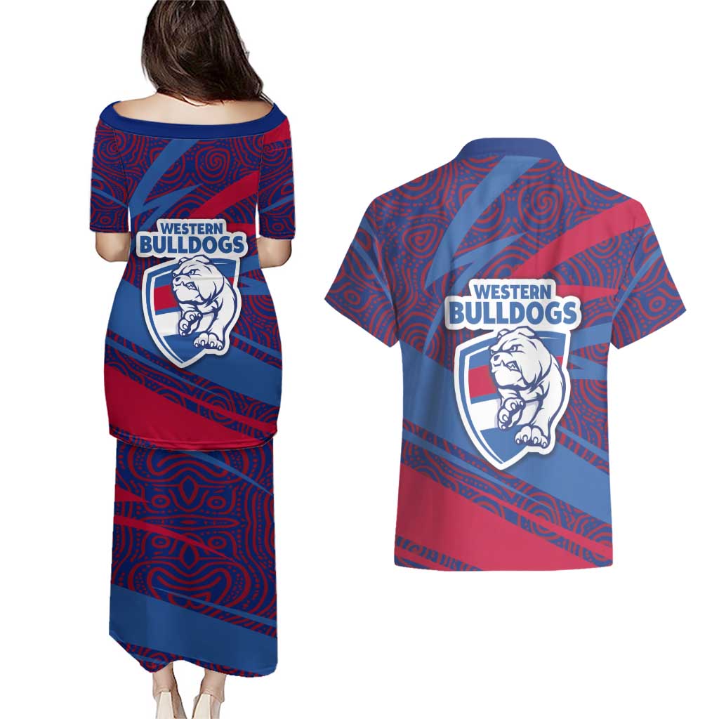 Western Bulldogs Australian Football Couples Matching Puletasi and Hawaiian Shirt Tough Bulldog Mascot Art With Indigenous Pattern Art