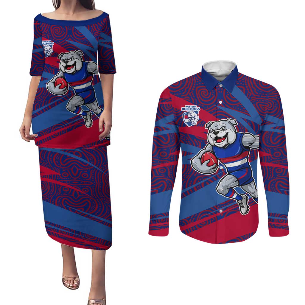 Western Bulldogs Australian Football Couples Matching Puletasi and Long Sleeve Button Shirt Tough Bulldog Mascot Art With Indigenous Pattern Art