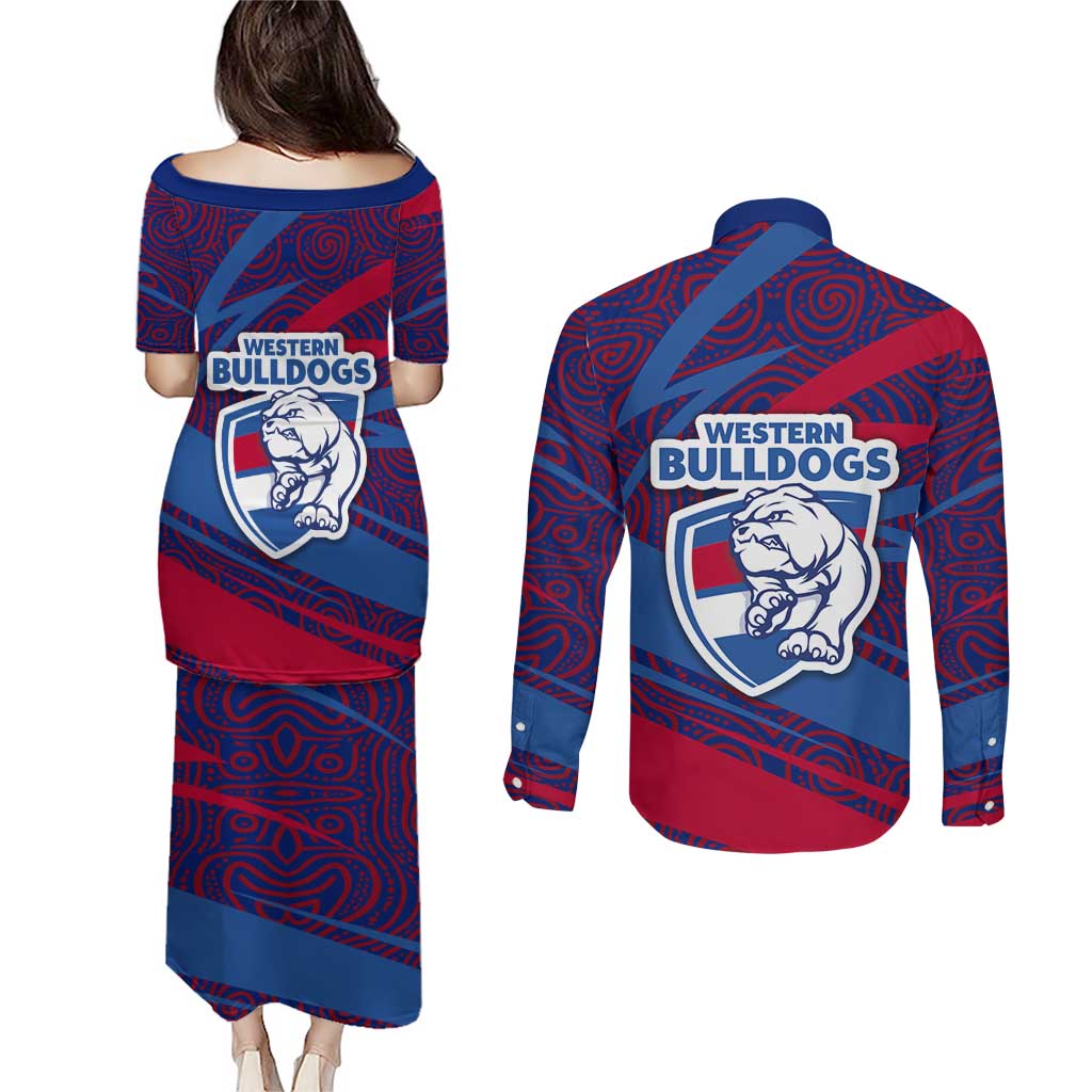 Western Bulldogs Australian Football Couples Matching Puletasi and Long Sleeve Button Shirt Tough Bulldog Mascot Art With Indigenous Pattern Art
