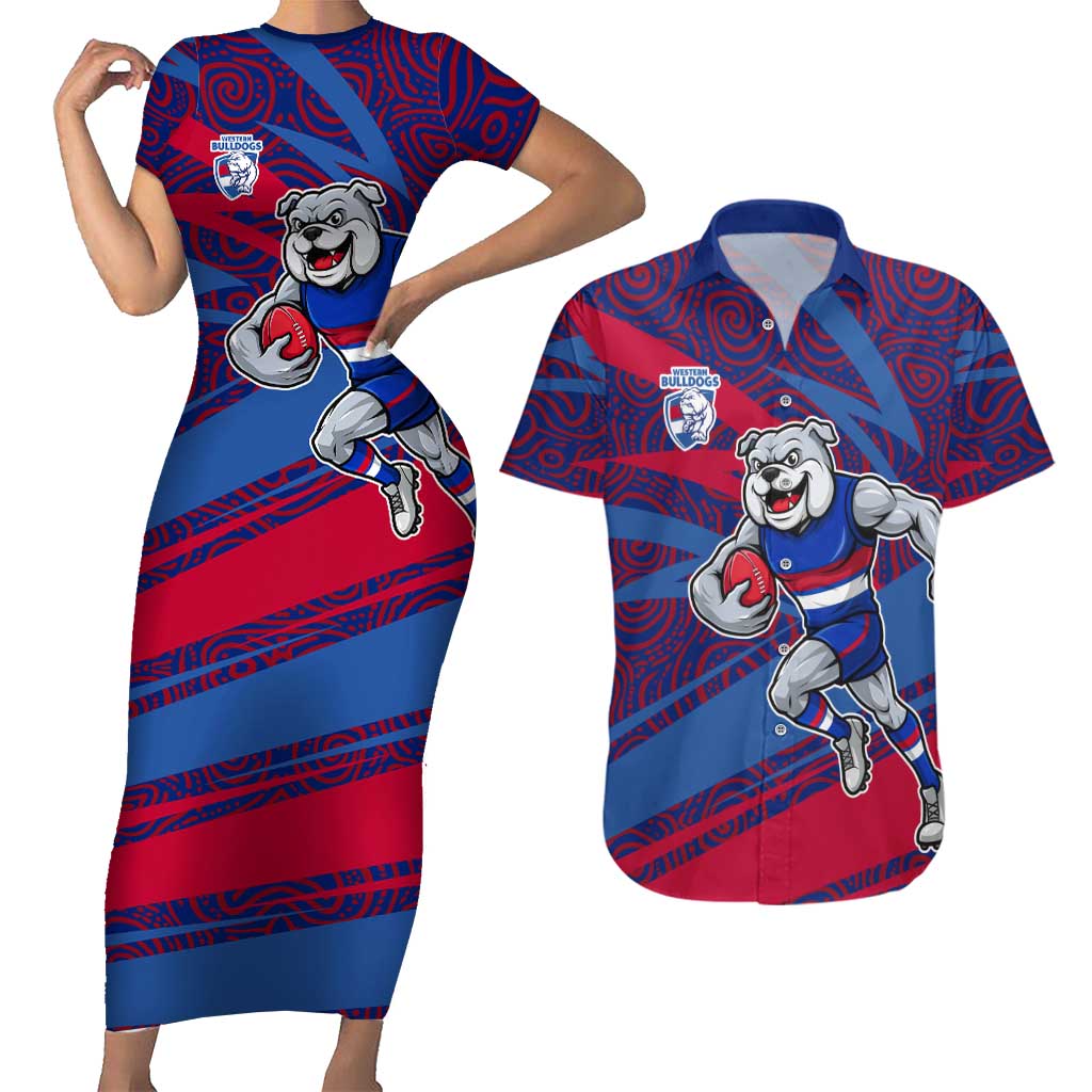Western Bulldogs Australian Football Couples Matching Short Sleeve Bodycon Dress and Hawaiian Shirt Tough Bulldog Mascot Art With Indigenous Pattern Art