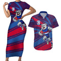 Western Bulldogs Australian Football Couples Matching Short Sleeve Bodycon Dress and Hawaiian Shirt Tough Bulldog Mascot Art With Indigenous Pattern Art