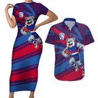 Western Bulldogs Australian Football Couples Matching Short Sleeve Bodycon Dress and Hawaiian Shirt Tough Bulldog Mascot Art With Indigenous Pattern Art