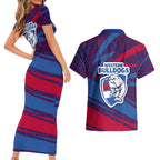 Western Bulldogs Australian Football Couples Matching Short Sleeve Bodycon Dress and Hawaiian Shirt Tough Bulldog Mascot Art With Indigenous Pattern Art