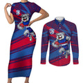 Western Bulldogs Australian Football Couples Matching Short Sleeve Bodycon Dress and Long Sleeve Button Shirt Tough Bulldog Mascot Art With Indigenous Pattern Art
