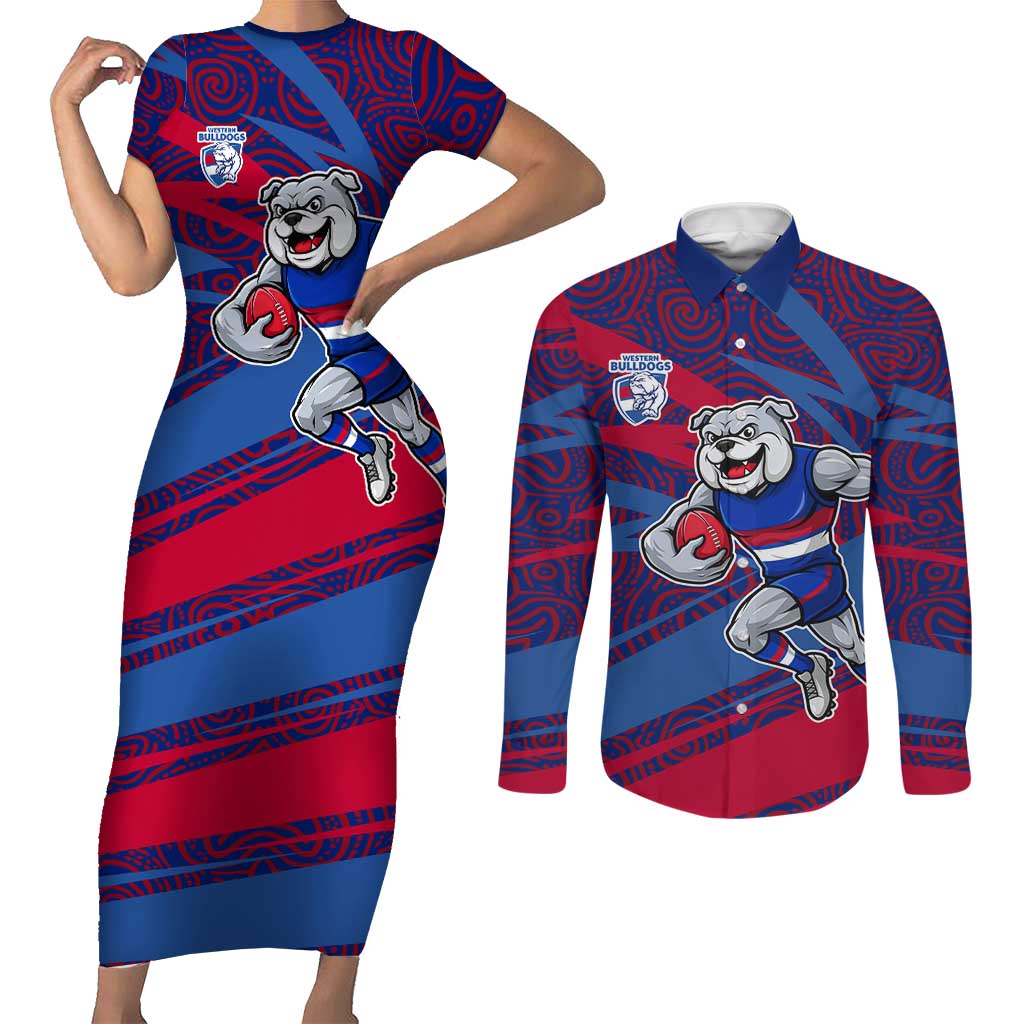 Western Bulldogs Australian Football Couples Matching Short Sleeve Bodycon Dress and Long Sleeve Button Shirt Tough Bulldog Mascot Art With Indigenous Pattern Art