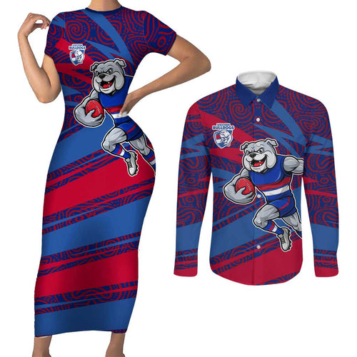 Western Bulldogs Australian Football Couples Matching Short Sleeve Bodycon Dress and Long Sleeve Button Shirt Tough Bulldog Mascot Art With Indigenous Pattern Art