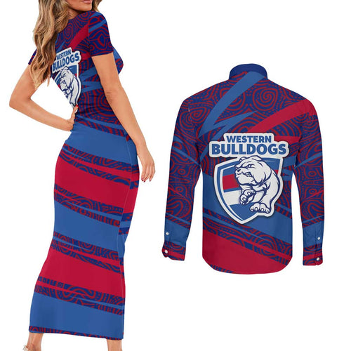 Western Bulldogs Australian Football Couples Matching Short Sleeve Bodycon Dress and Long Sleeve Button Shirt Tough Bulldog Mascot Art With Indigenous Pattern Art