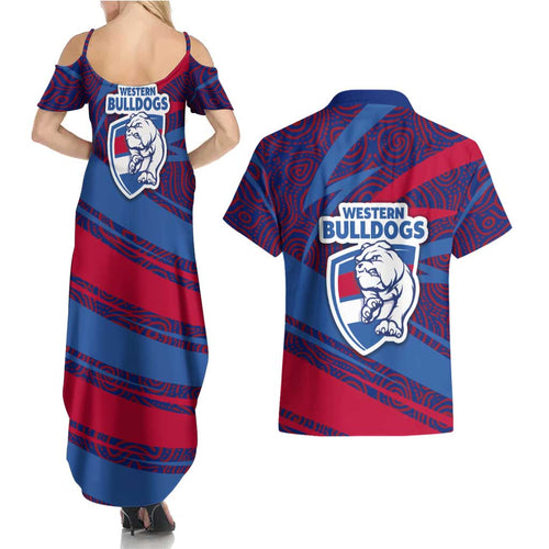Western Bulldogs Australian Football Couples Matching Summer Maxi Dress and Hawaiian Shirt Tough Bulldog Mascot Art With Indigenous Pattern Art