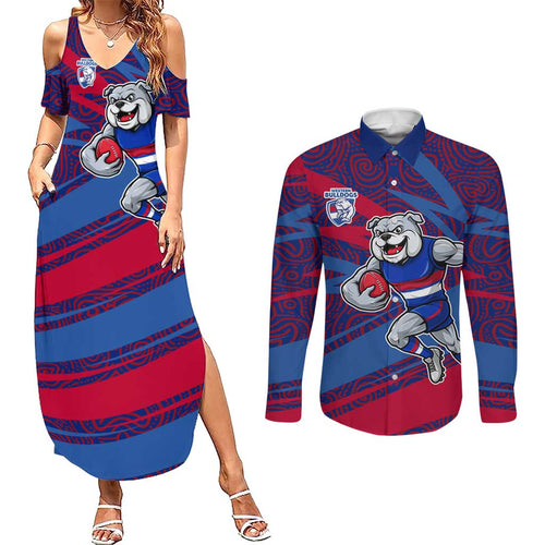 Western Bulldogs Australian Football Couples Matching Summer Maxi Dress and Long Sleeve Button Shirt Tough Bulldog Mascot Art With Indigenous Pattern Art