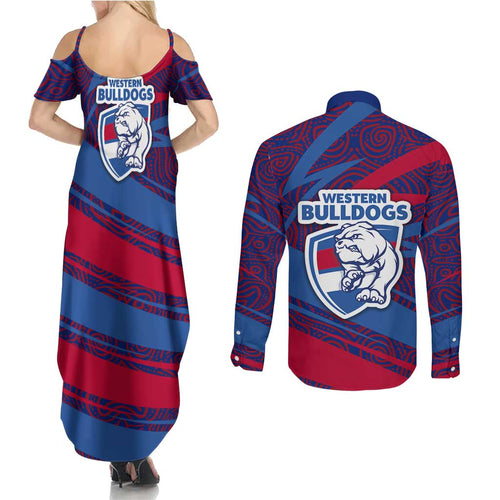 Western Bulldogs Australian Football Couples Matching Summer Maxi Dress and Long Sleeve Button Shirt Tough Bulldog Mascot Art With Indigenous Pattern Art