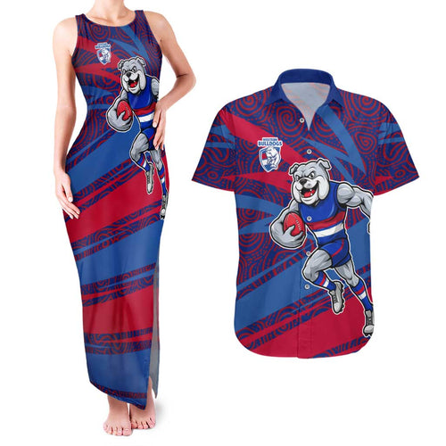 Western Bulldogs Australian Football Couples Matching Tank Maxi Dress and Hawaiian Shirt Tough Bulldog Mascot Art With Indigenous Pattern Art