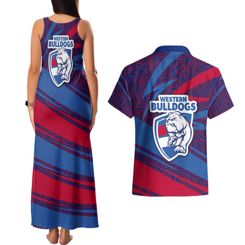 Western Bulldogs Australian Football Couples Matching Tank Maxi Dress and Hawaiian Shirt Tough Bulldog Mascot Art With Indigenous Pattern Art
