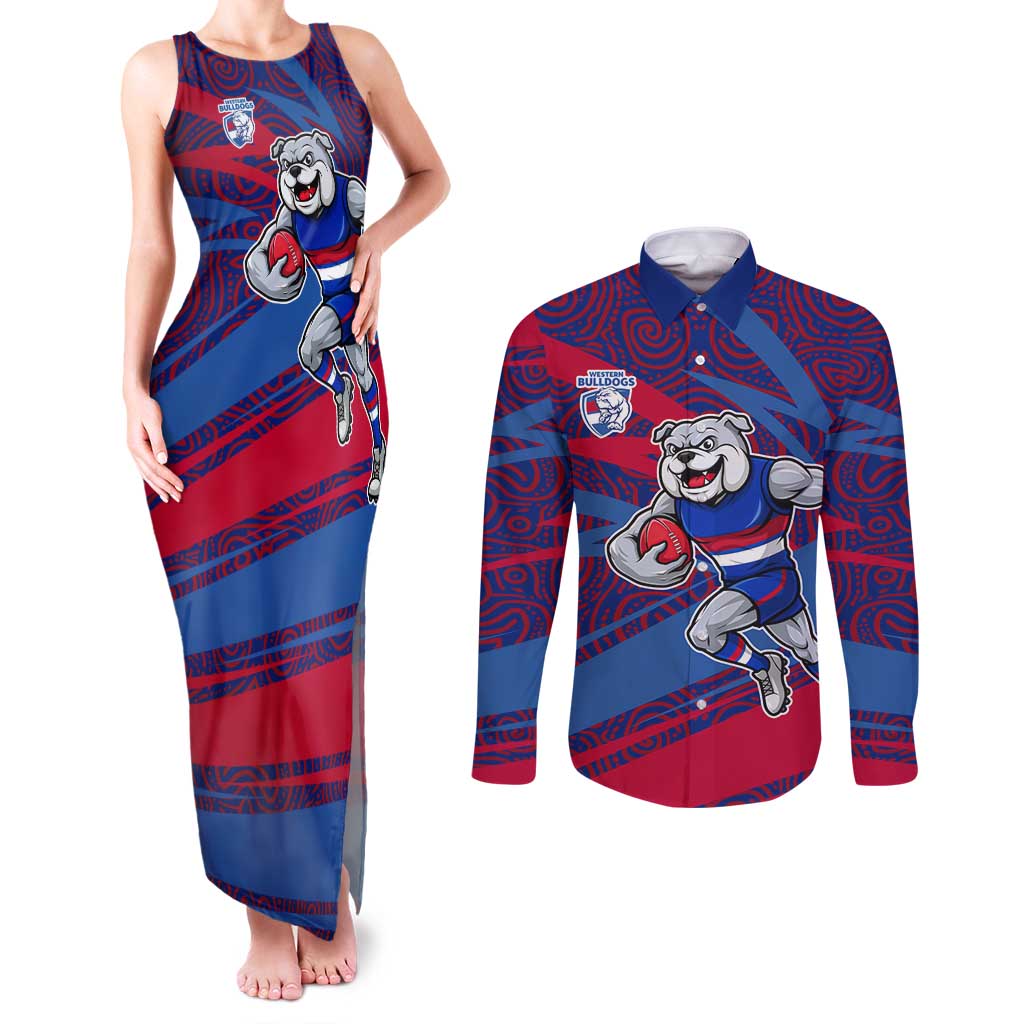 Western Bulldogs Australian Football Couples Matching Tank Maxi Dress and Long Sleeve Button Shirt Tough Bulldog Mascot Art With Indigenous Pattern Art