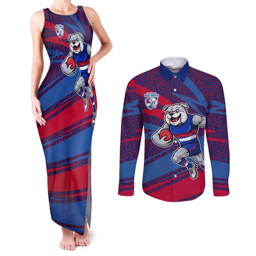 Western Bulldogs Australian Football Couples Matching Tank Maxi Dress and Long Sleeve Button Shirt Tough Bulldog Mascot Art With Indigenous Pattern Art