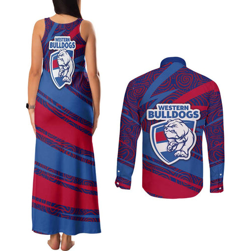 Western Bulldogs Australian Football Couples Matching Tank Maxi Dress and Long Sleeve Button Shirt Tough Bulldog Mascot Art With Indigenous Pattern Art