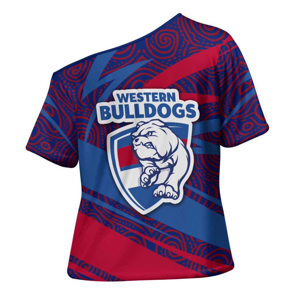 Western Bulldogs Australian Football Cross Shoulder Shirt Tough Bulldog Mascot Art With Indigenous Pattern Art