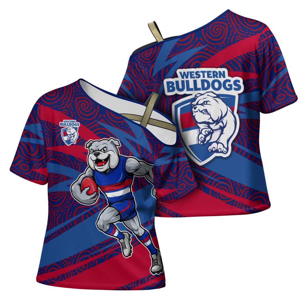 Western Bulldogs Australian Football Cross Shoulder Shirt Tough Bulldog Mascot Art With Indigenous Pattern Art