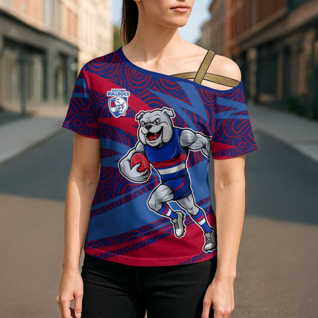 Western Bulldogs Australian Football Cross Shoulder Shirt Tough Bulldog Mascot Art With Indigenous Pattern Art