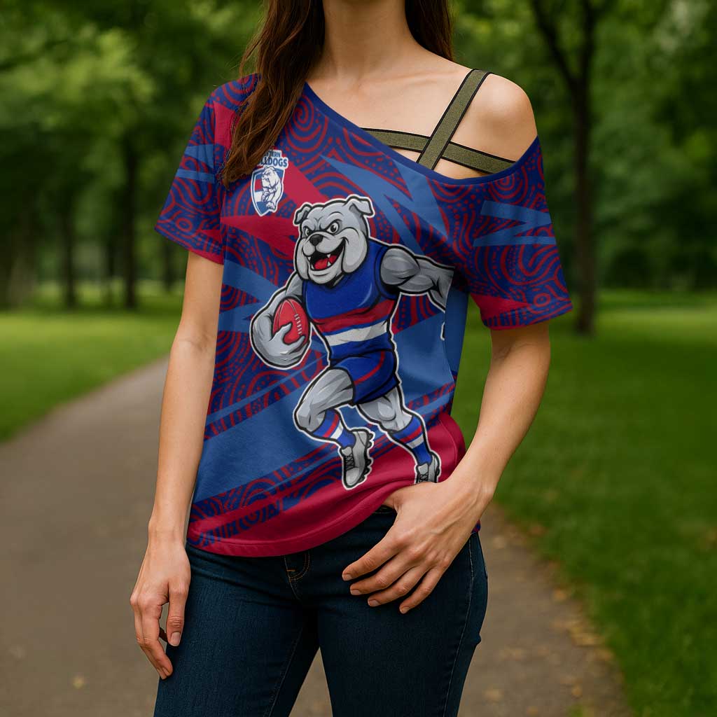 Western Bulldogs Australian Football Cross Shoulder Shirt Tough Bulldog Mascot Art With Indigenous Pattern Art