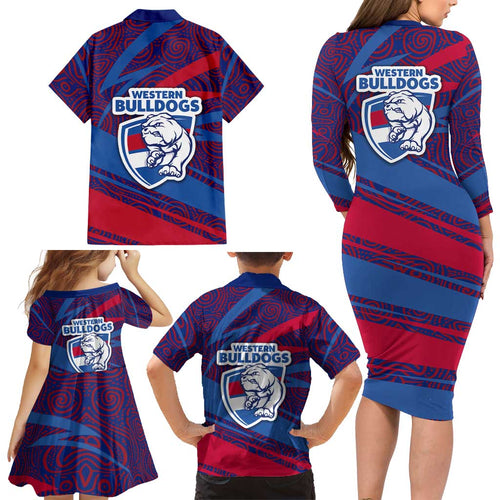 Western Bulldogs Australian Football Family Matching Long Sleeve Bodycon Dress and Hawaiian Shirt Tough Bulldog Mascot Art With Indigenous Pattern Art