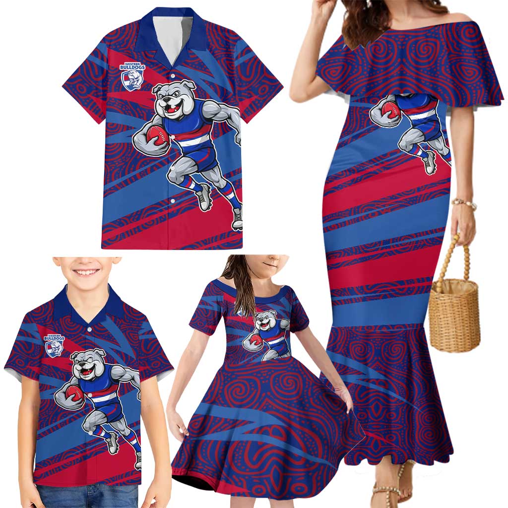 Western Bulldogs Australian Football Family Matching Mermaid Dress and Hawaiian Shirt Tough Bulldog Mascot Art With Indigenous Pattern Art