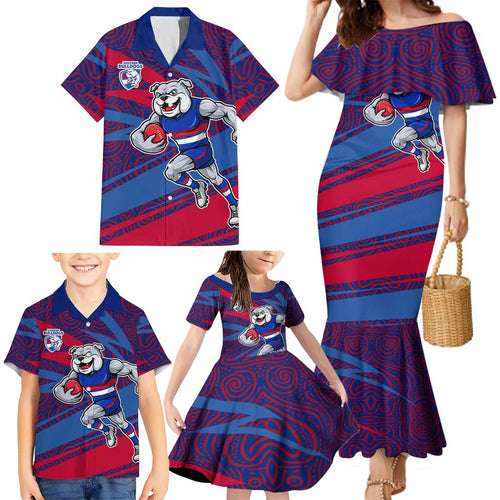Western Bulldogs Australian Football Family Matching Mermaid Dress and Hawaiian Shirt Tough Bulldog Mascot Art With Indigenous Pattern Art