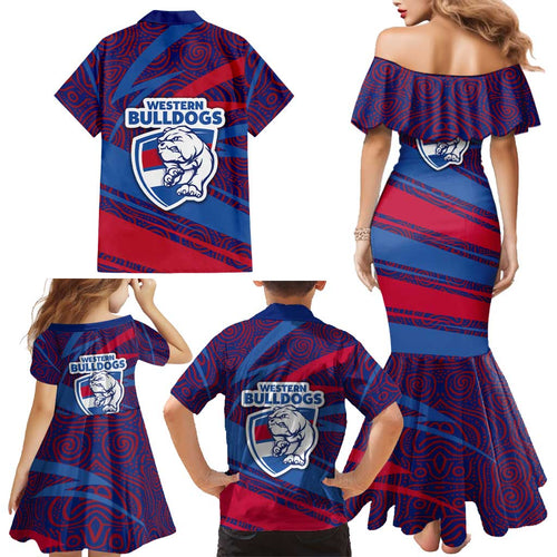Western Bulldogs Australian Football Family Matching Mermaid Dress and Hawaiian Shirt Tough Bulldog Mascot Art With Indigenous Pattern Art