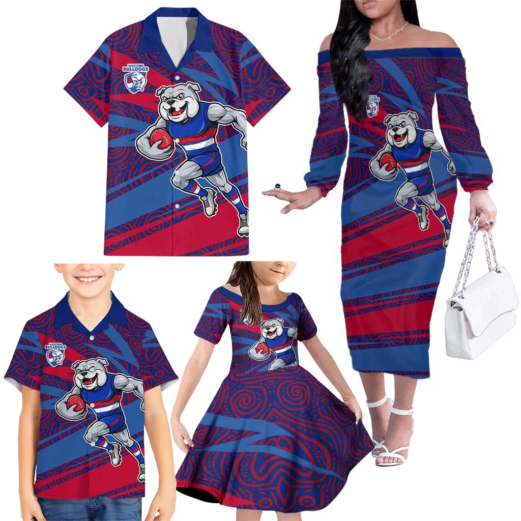 Western Bulldogs Australian Football Family Matching Off The Shoulder Long Sleeve Dress and Hawaiian Shirt Tough Bulldog Mascot Art With Indigenous Pattern Art