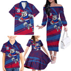 Western Bulldogs Australian Football Family Matching Off The Shoulder Long Sleeve Dress and Hawaiian Shirt Tough Bulldog Mascot Art With Indigenous Pattern Art
