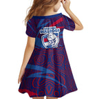 Western Bulldogs Australian Football Family Matching Off The Shoulder Long Sleeve Dress and Hawaiian Shirt Tough Bulldog Mascot Art With Indigenous Pattern Art