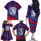 Western Bulldogs Australian Football Family Matching Off The Shoulder Long Sleeve Dress and Hawaiian Shirt Tough Bulldog Mascot Art With Indigenous Pattern Art