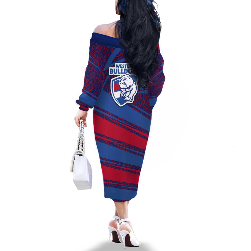Western Bulldogs Australian Football Family Matching Off The Shoulder Long Sleeve Dress and Hawaiian Shirt Tough Bulldog Mascot Art With Indigenous Pattern Art