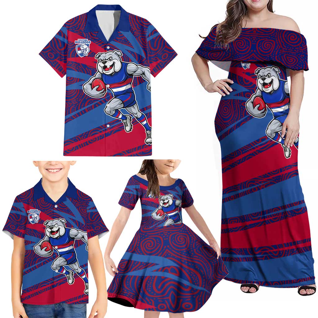 Western Bulldogs Australian Football Family Matching Off Shoulder Maxi Dress and Hawaiian Shirt Tough Bulldog Mascot Art With Indigenous Pattern Art