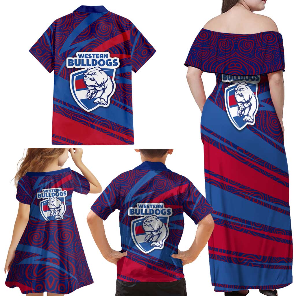 Western Bulldogs Australian Football Family Matching Off Shoulder Maxi Dress and Hawaiian Shirt Tough Bulldog Mascot Art With Indigenous Pattern Art