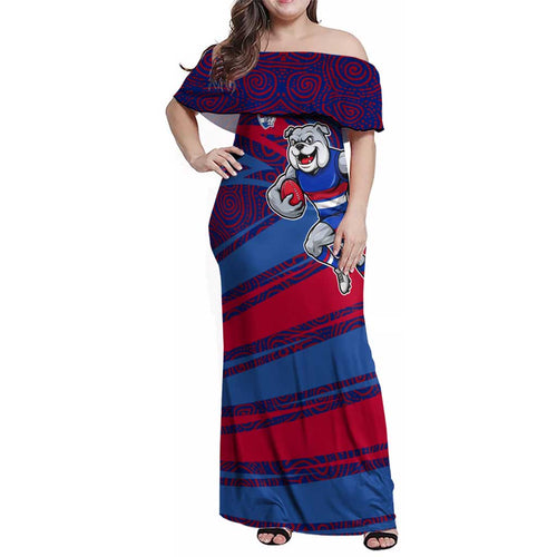 Western Bulldogs Australian Football Family Matching Off Shoulder Maxi Dress and Hawaiian Shirt Tough Bulldog Mascot Art With Indigenous Pattern Art