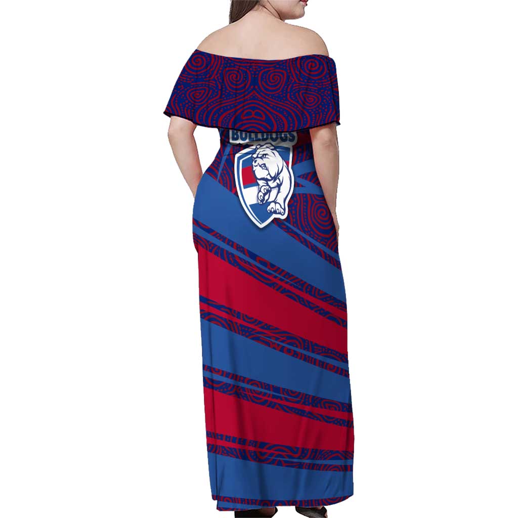 Western Bulldogs Australian Football Family Matching Off Shoulder Maxi Dress and Hawaiian Shirt Tough Bulldog Mascot Art With Indigenous Pattern Art