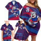 Western Bulldogs Australian Football Family Matching Off Shoulder Short Dress and Hawaiian Shirt Tough Bulldog Mascot Art With Indigenous Pattern Art
