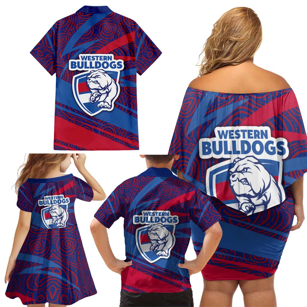 Western Bulldogs Australian Football Family Matching Off Shoulder Short Dress and Hawaiian Shirt Tough Bulldog Mascot Art With Indigenous Pattern Art