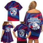 Western Bulldogs Australian Football Family Matching Off Shoulder Short Dress and Hawaiian Shirt Tough Bulldog Mascot Art With Indigenous Pattern Art