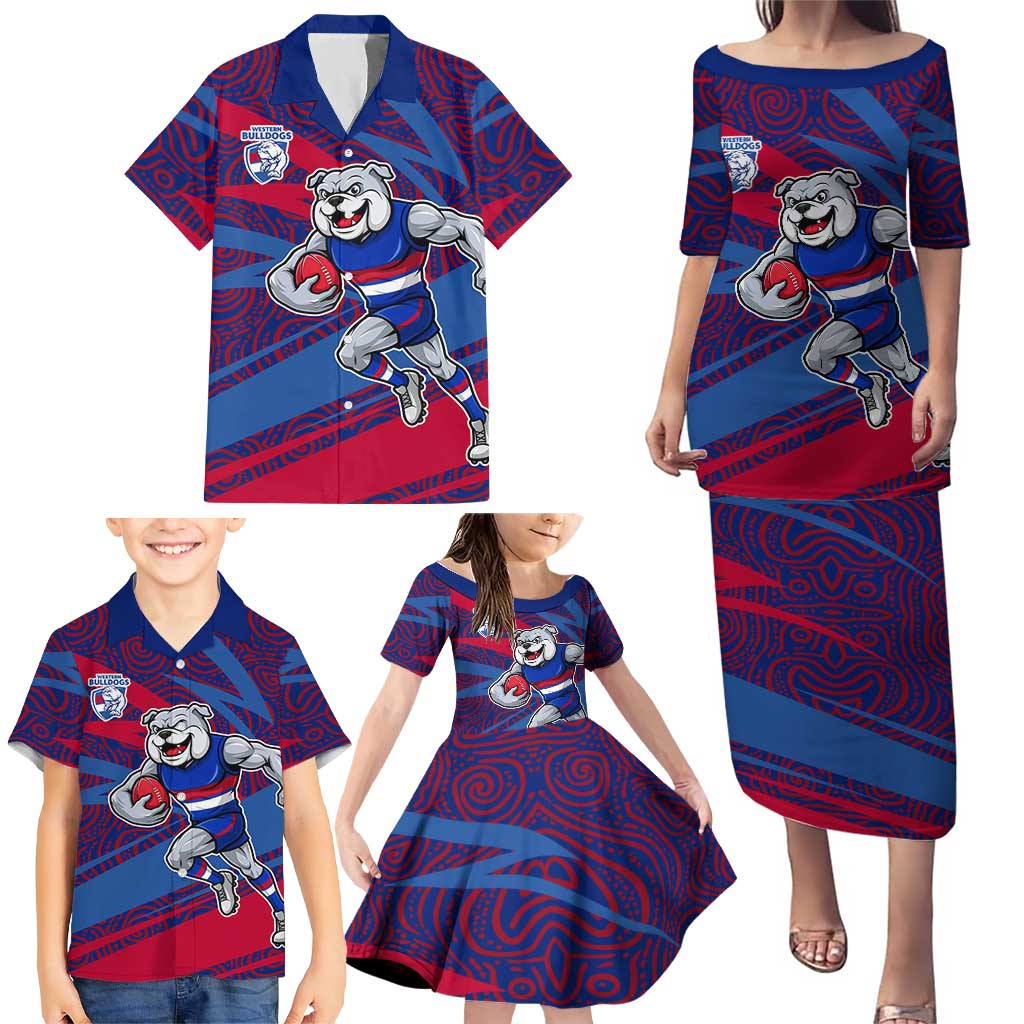 Western Bulldogs Australian Football Family Matching Puletasi and Hawaiian Shirt Tough Bulldog Mascot Art With Indigenous Pattern Art