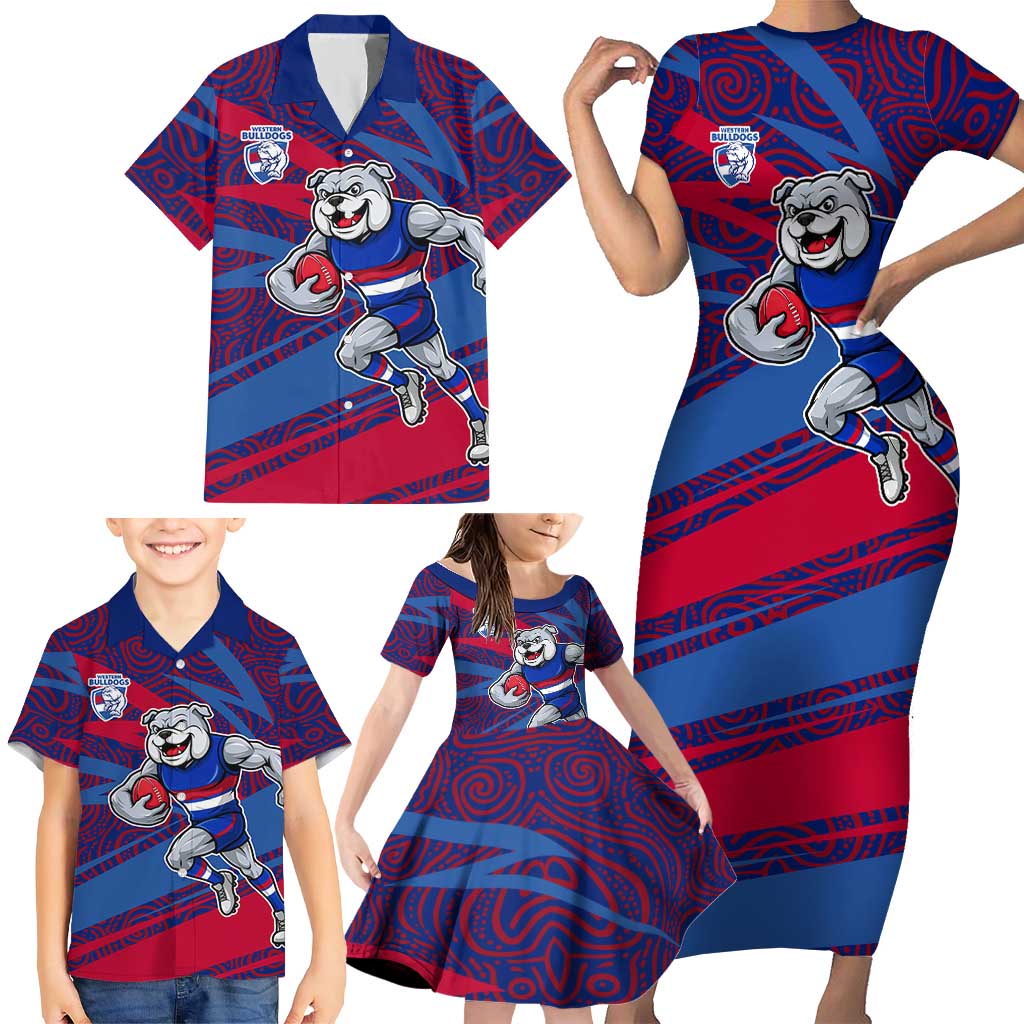 Western Bulldogs Australian Football Family Matching Short Sleeve Bodycon Dress and Hawaiian Shirt Tough Bulldog Mascot Art With Indigenous Pattern Art