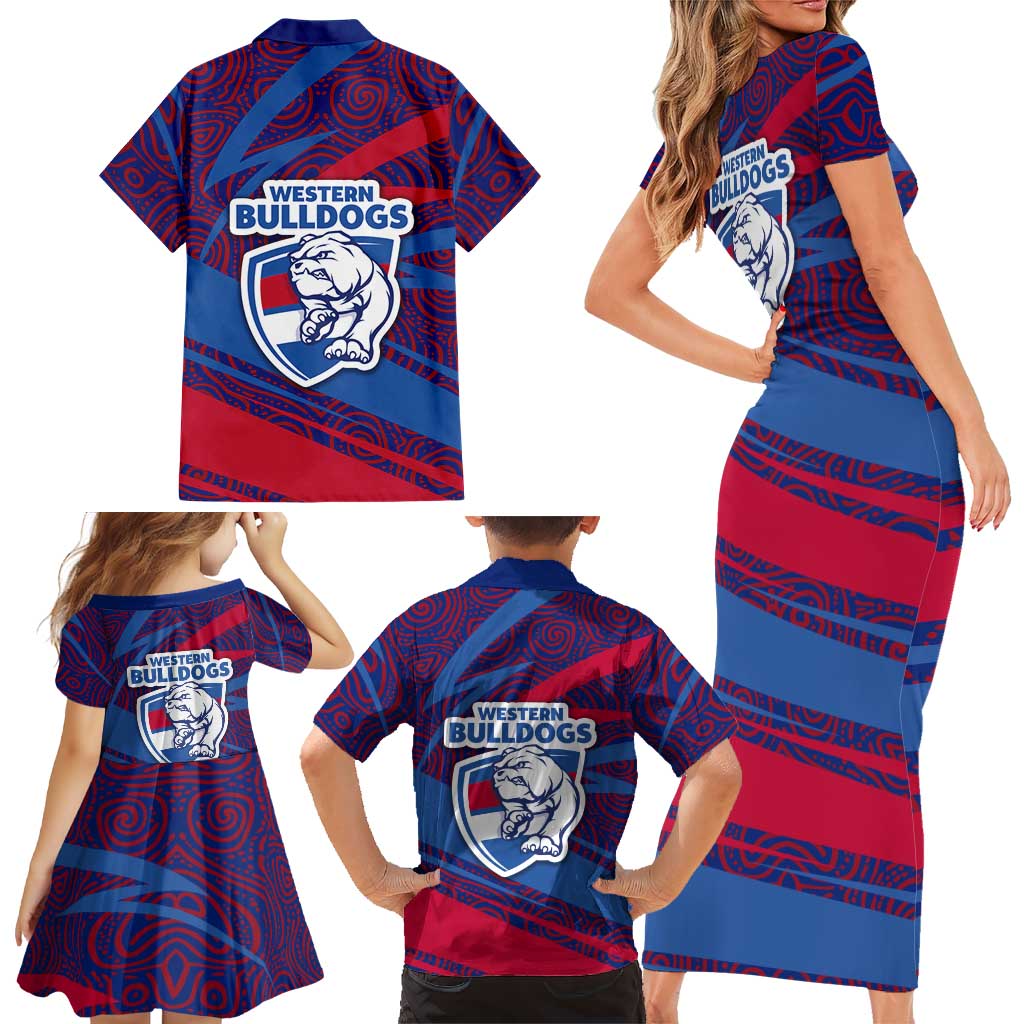Western Bulldogs Australian Football Family Matching Short Sleeve Bodycon Dress and Hawaiian Shirt Tough Bulldog Mascot Art With Indigenous Pattern Art