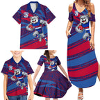 Western Bulldogs Australian Football Family Matching Summer Maxi Dress and Hawaiian Shirt Tough Bulldog Mascot Art With Indigenous Pattern Art