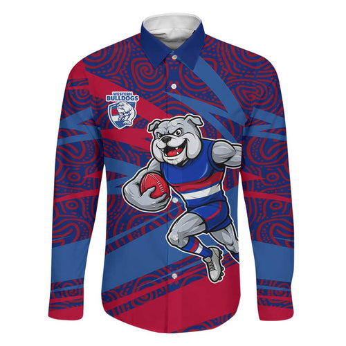 Western Bulldogs Australian Football Family Matching Summer Maxi Dress and Hawaiian Shirt Tough Bulldog Mascot Art With Indigenous Pattern Art