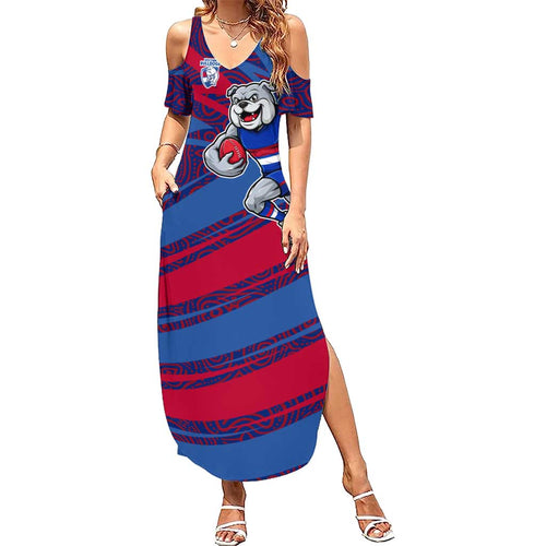 Western Bulldogs Australian Football Family Matching Summer Maxi Dress and Hawaiian Shirt Tough Bulldog Mascot Art With Indigenous Pattern Art
